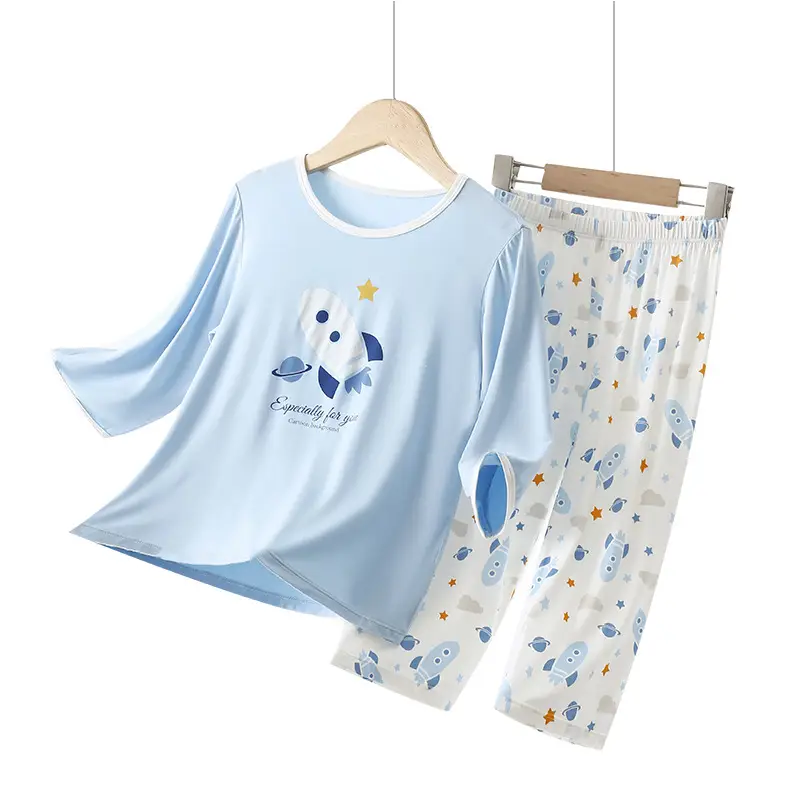 Blue Printed Pajamas for Boys Summer Modal Wear - Image 11