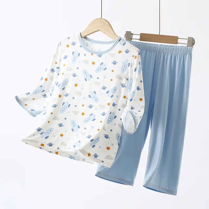 Blue Printed Pajamas for Boys Summer Modal Wear - Image 2