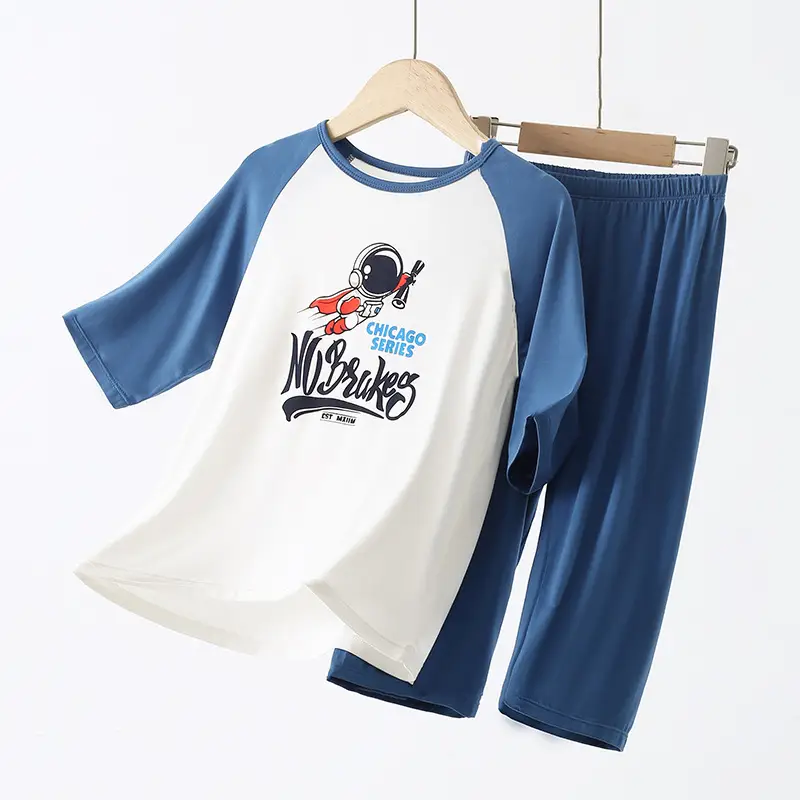 Blue Printed Pajamas for Boys Summer Modal Wear - Image 4