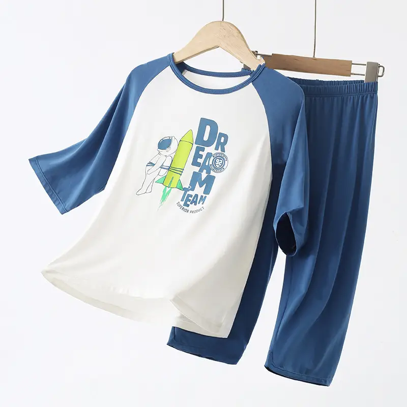 Blue Printed Pajamas for Boys Summer Modal Wear - Image 5