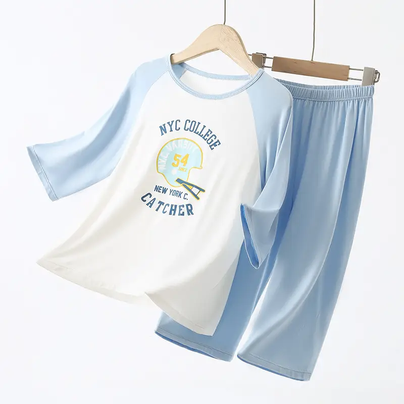 Blue Printed Pajamas for Boys Summer Modal Wear - Image 6