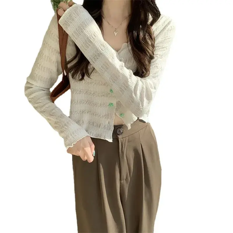 Hot Girl Summer Sunscreen Blouse Knitted V-Neck Long Sleeve - Image 9