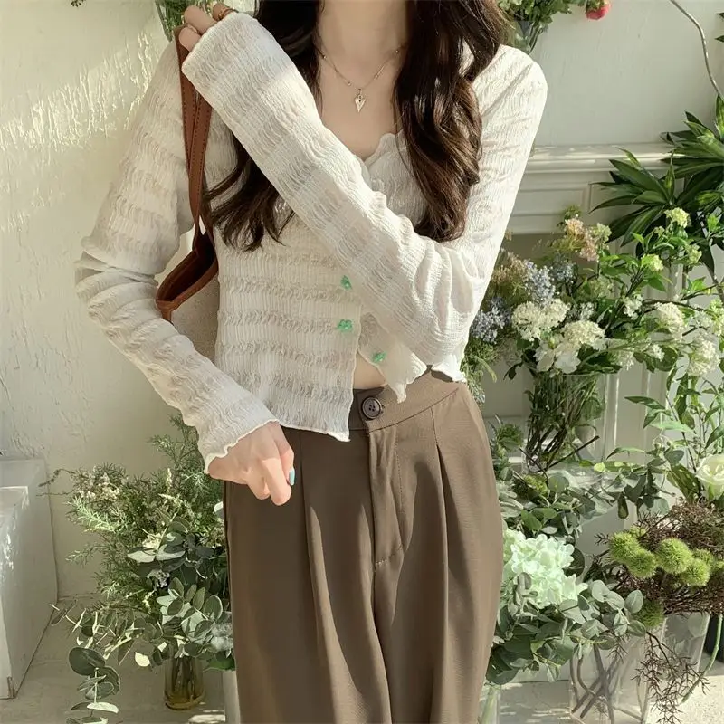 Hot Girl Summer Sunscreen Blouse Knitted V-Neck Long Sleeve — feature 2