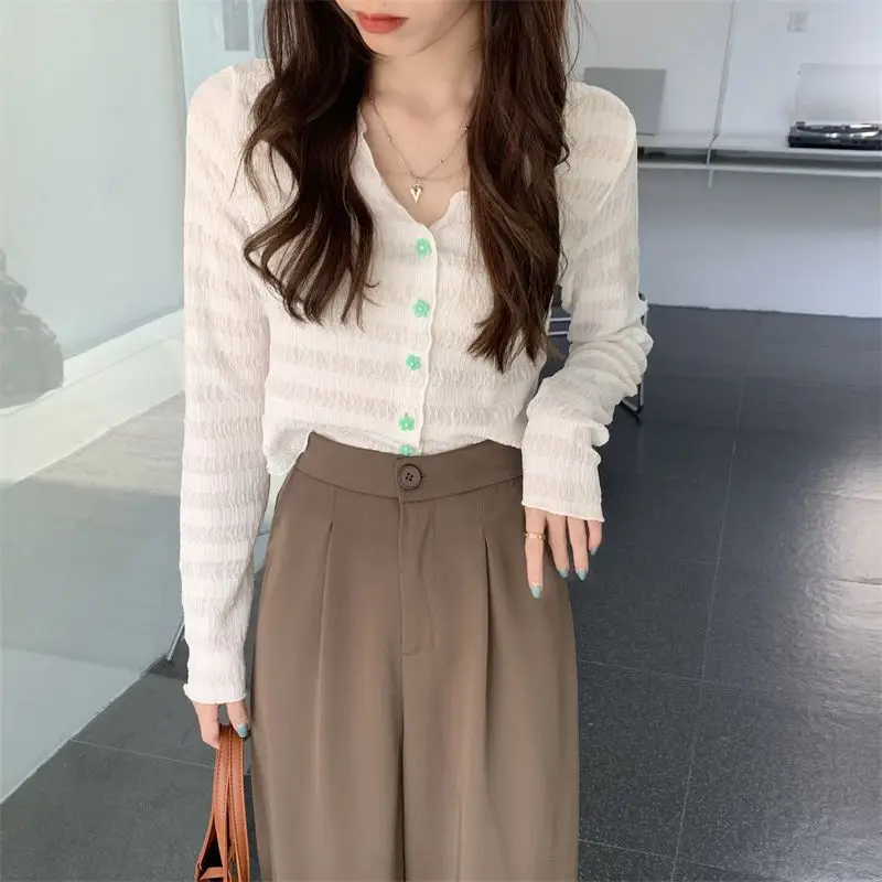Hot Girl Summer Sunscreen Blouse Knitted V-Neck Long Sleeve — feature 9