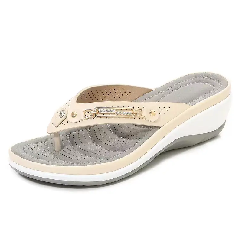 Women's Beige Pearl-Decorated Beach Sandals Large