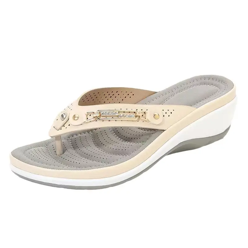 Women's Beige Pearl-Decorated Beach Sandals Large