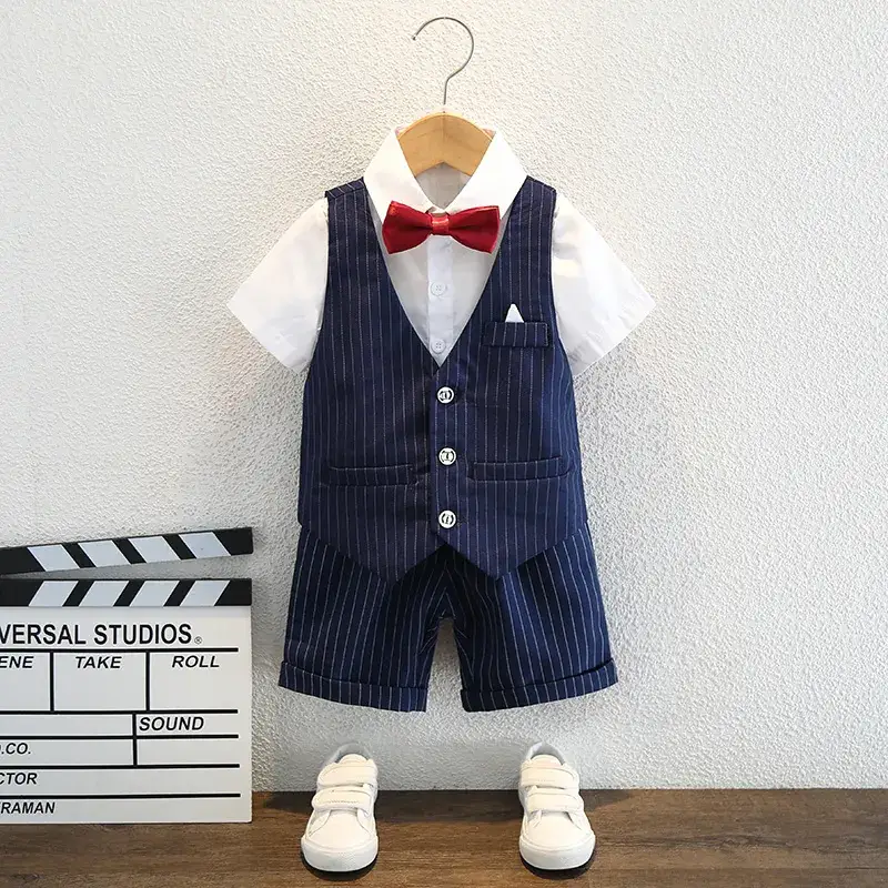 Boys Navy Striped Three-Piece Summer Suit