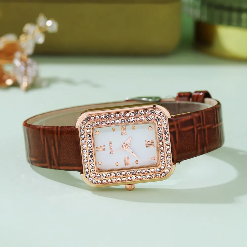 Diamond Encrusted Women's Watch Brown Leather Band - Image 7