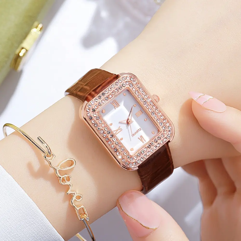 Diamond Encrusted Women's Watch Brown Leather Band — feature 14