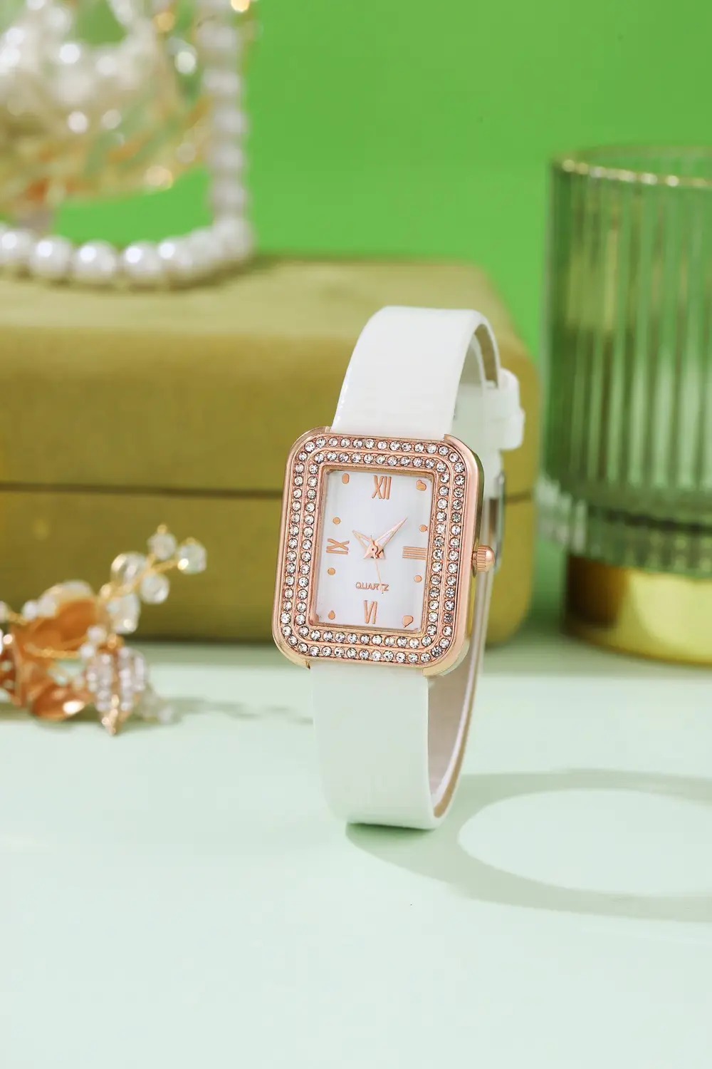 Diamond Encrusted Women's Watch Brown Leather Band — feature 2