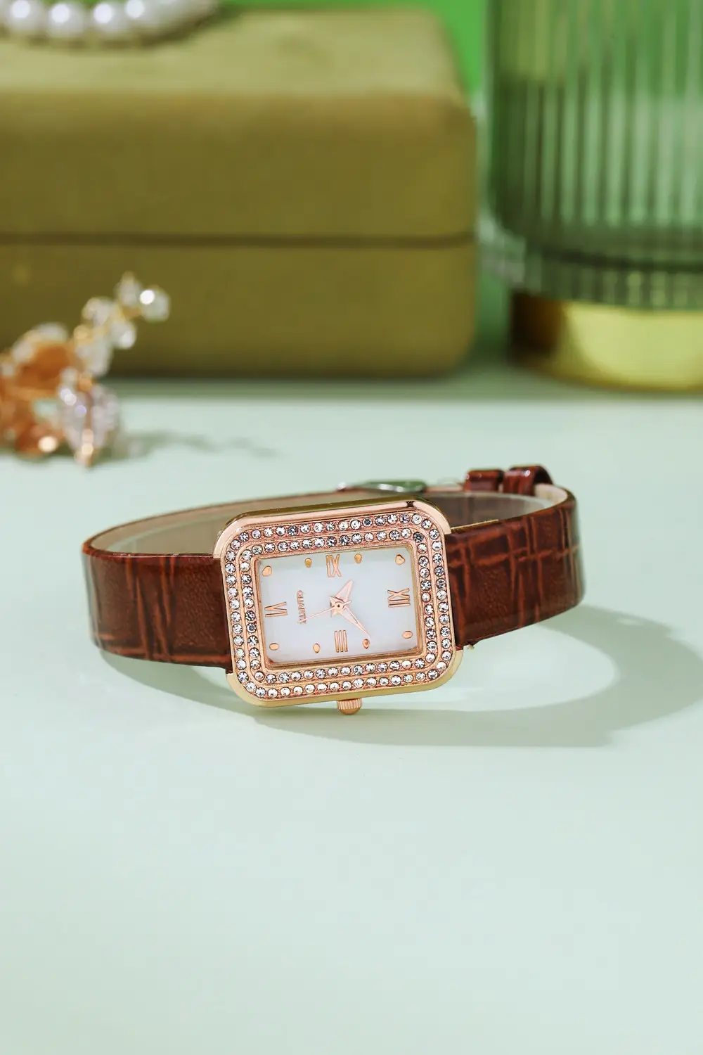 Diamond Encrusted Women's Watch Brown Leather Band — feature 3