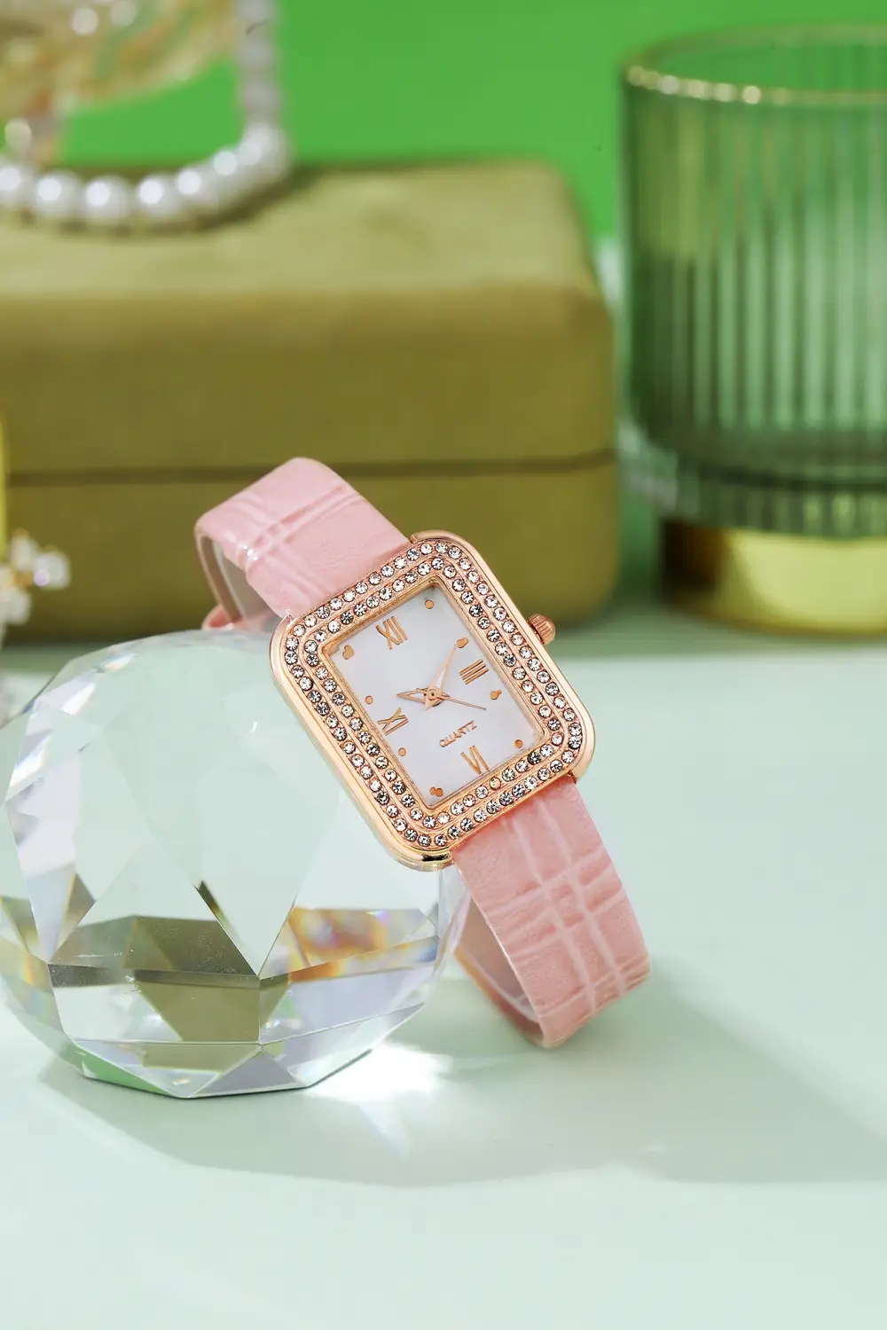 Diamond Encrusted Women's Watch Brown Leather Band — feature 4