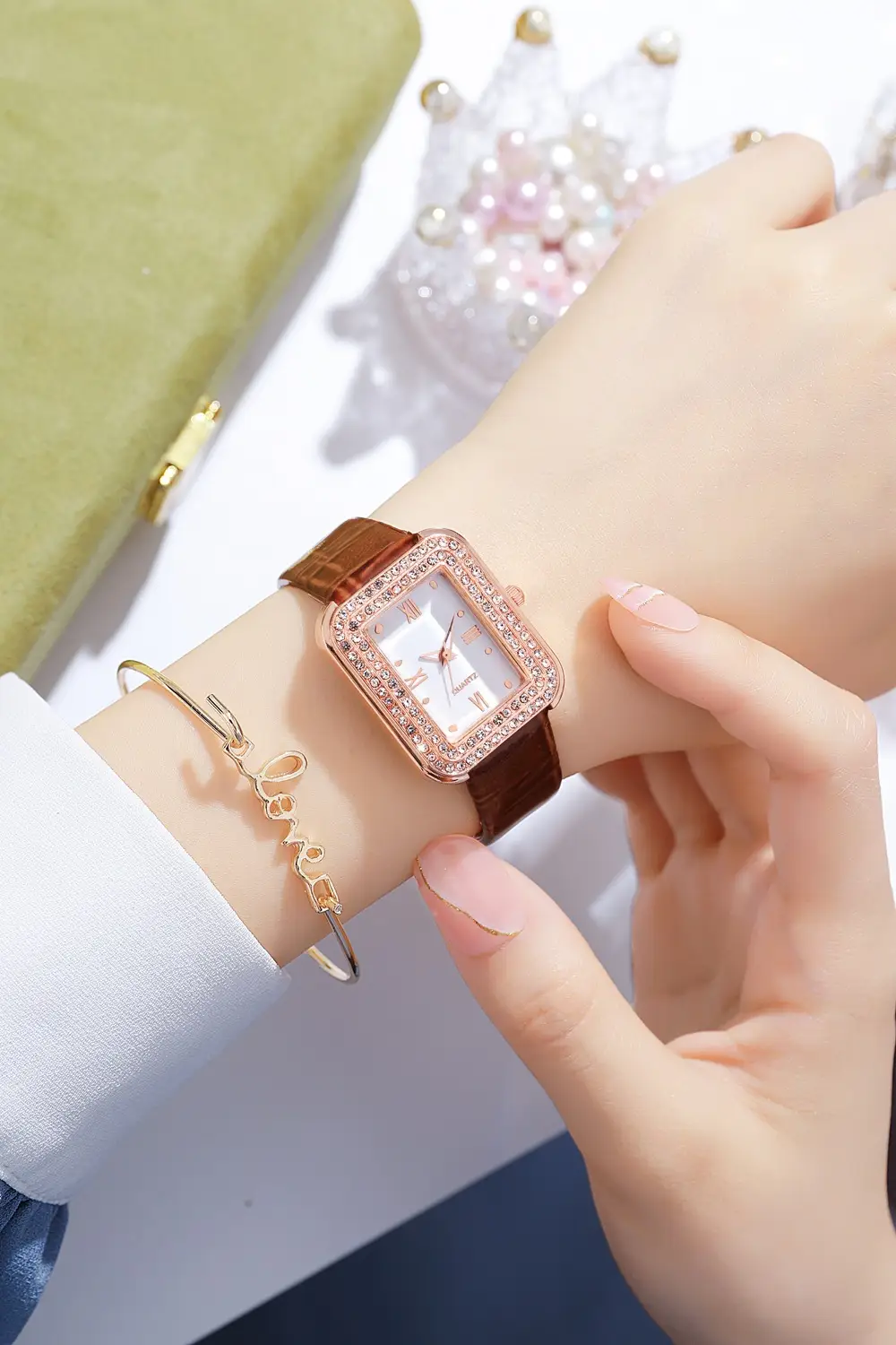 Diamond Encrusted Women's Watch Brown Leather Band — feature 7