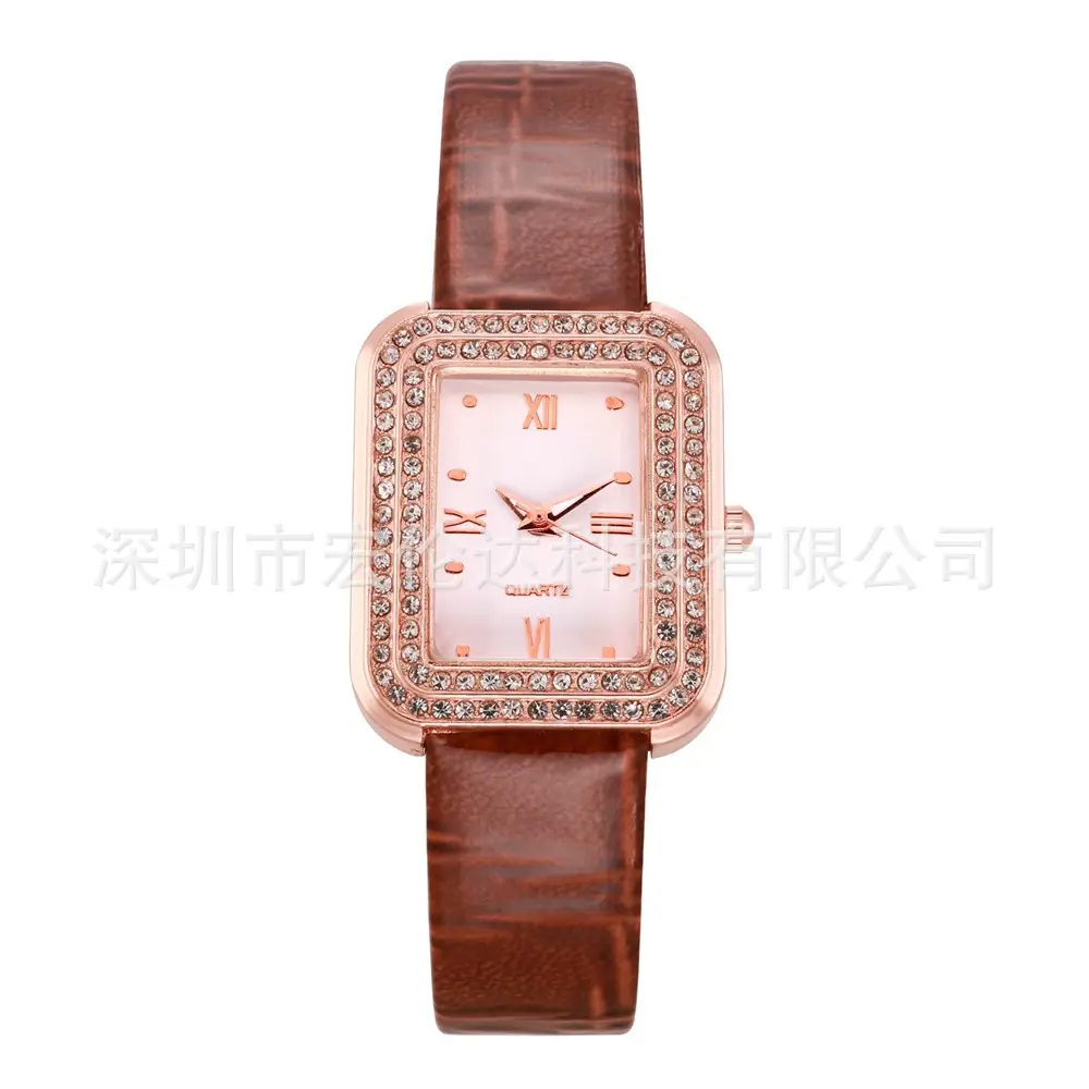 Diamond Encrusted Women's Watch Brown Leather Band - Image 2