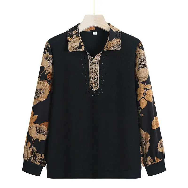 Red Lapel T-Shirt with Printed Sleeves for Women - Image 2