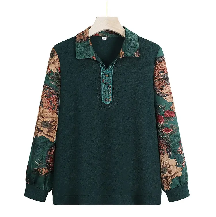 Red Lapel T-Shirt with Printed Sleeves for Women — feature 13