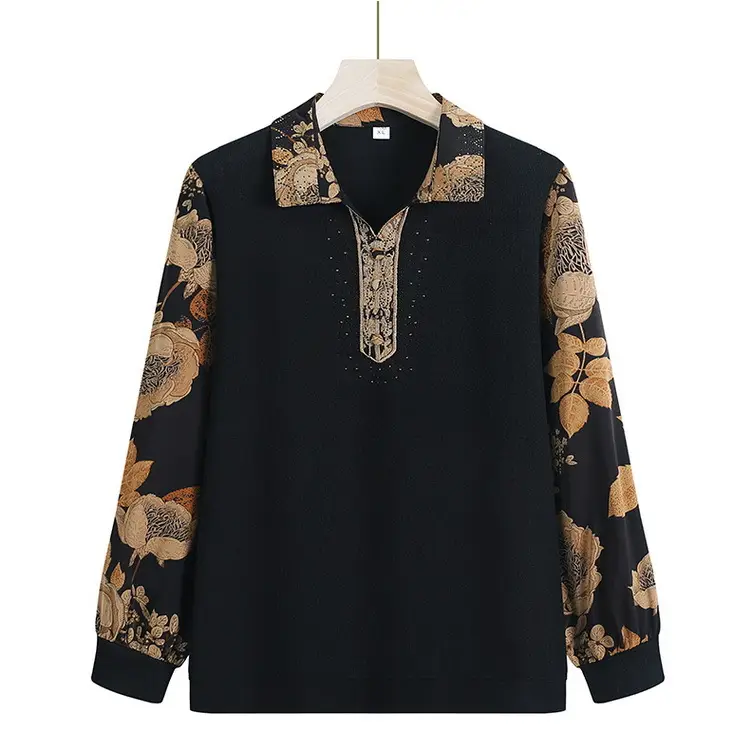 Red Lapel T-Shirt with Printed Sleeves for Women — feature 14