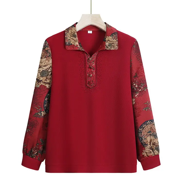 Red Lapel T-Shirt with Printed Sleeves for Women — feature 15