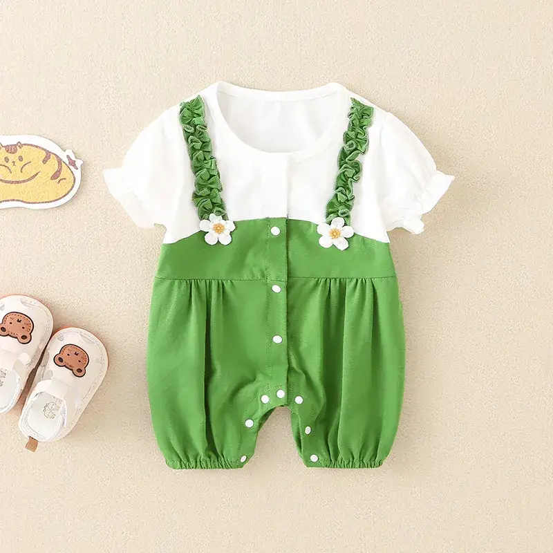 Newborn Baby Jumpsuit Green White Two-Piece Summer - Image 3