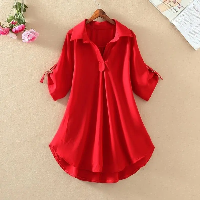 Red Chiffon Shirt for Women 2023 Summer Large Size - Image 2