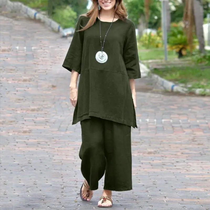 2023 Women's Cotton Linen Long Sleeve Pants Set Large - Image 5