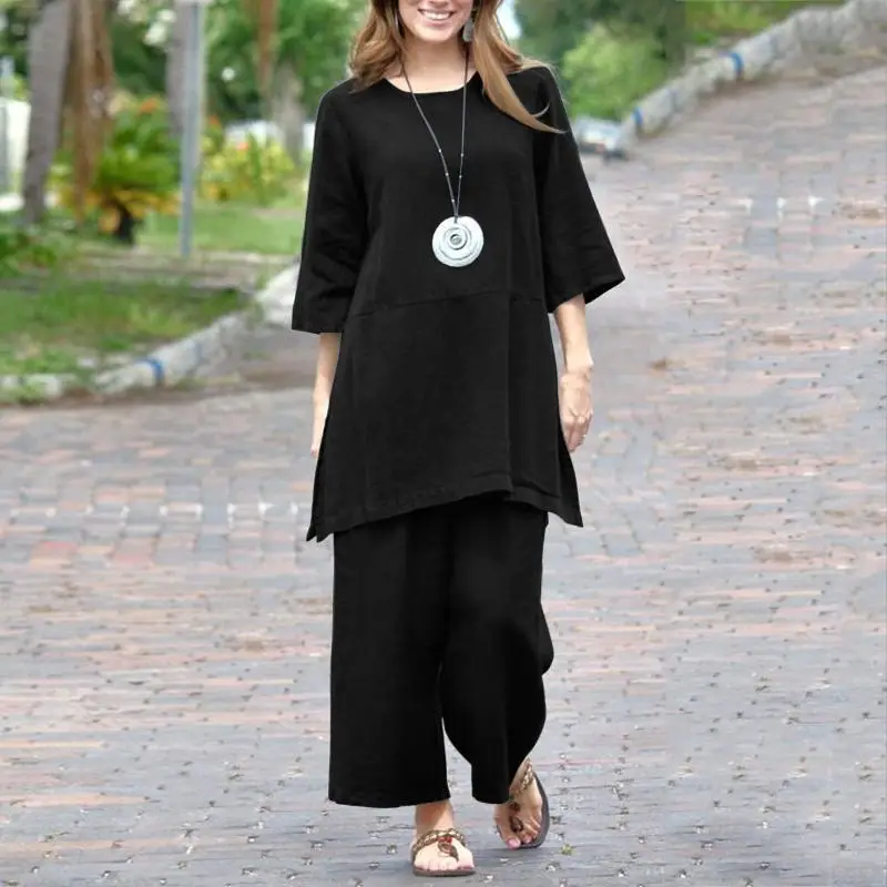 2023 Women's Cotton Linen Long Sleeve Pants Set Large - Image 2