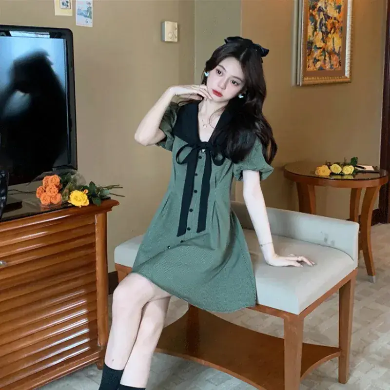 Retro Green Plaid Skirt Dress for Women Summer