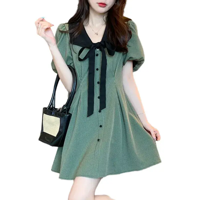 Retro Green Plaid Skirt Dress for Women Summer