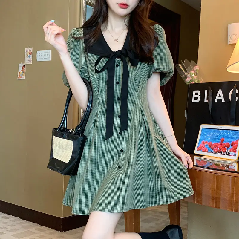 Retro Green Plaid Skirt Dress for Women Summer — feature 1