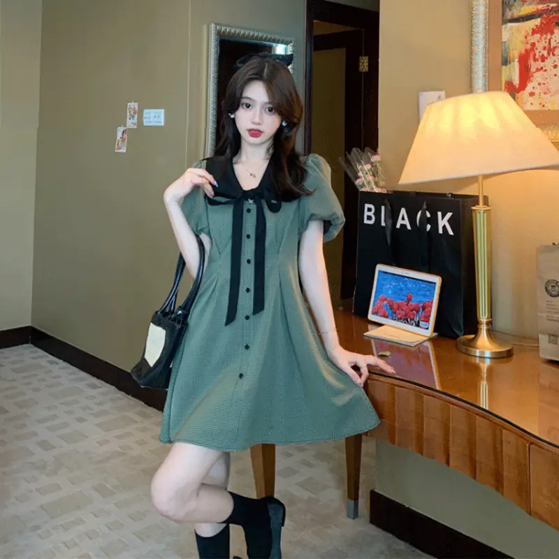 Retro Green Plaid Skirt Dress for Women Summer — feature 10