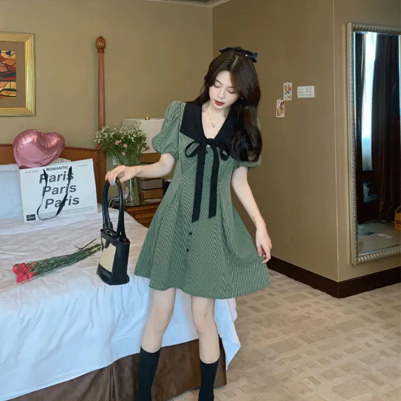 Retro Green Plaid Skirt Dress for Women Summer — feature 12