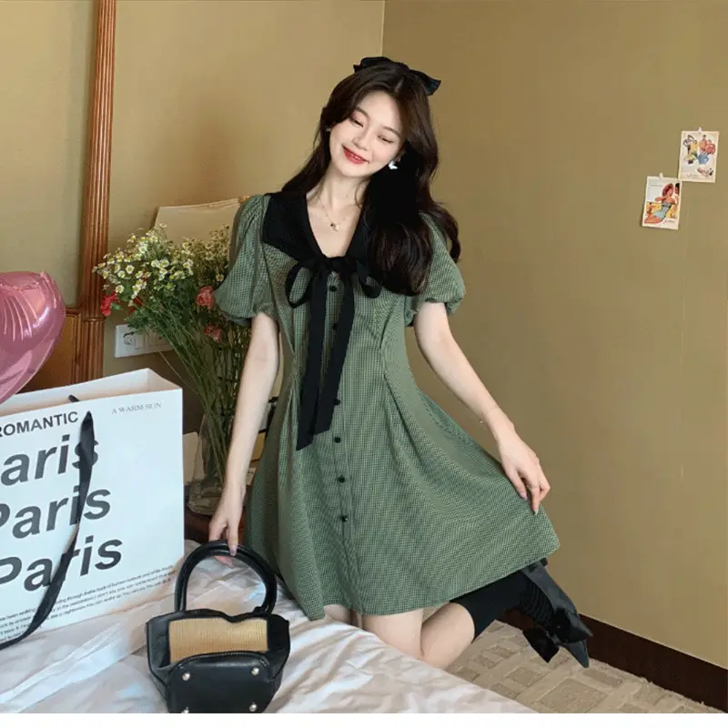 Retro Green Plaid Skirt Dress for Women Summer — feature 13