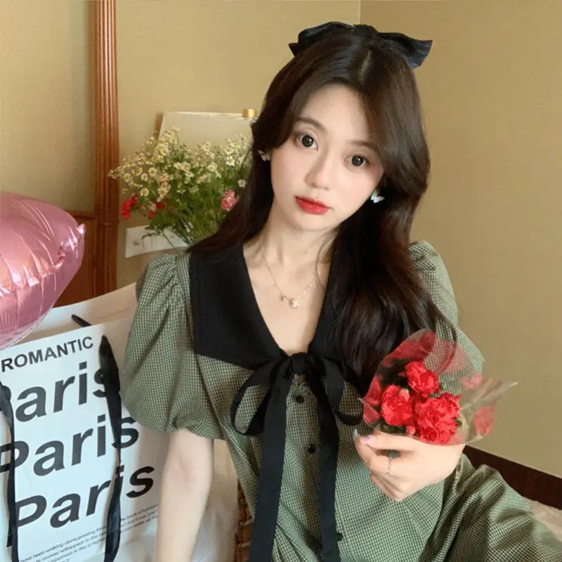Retro Green Plaid Skirt Dress for Women Summer — feature 14