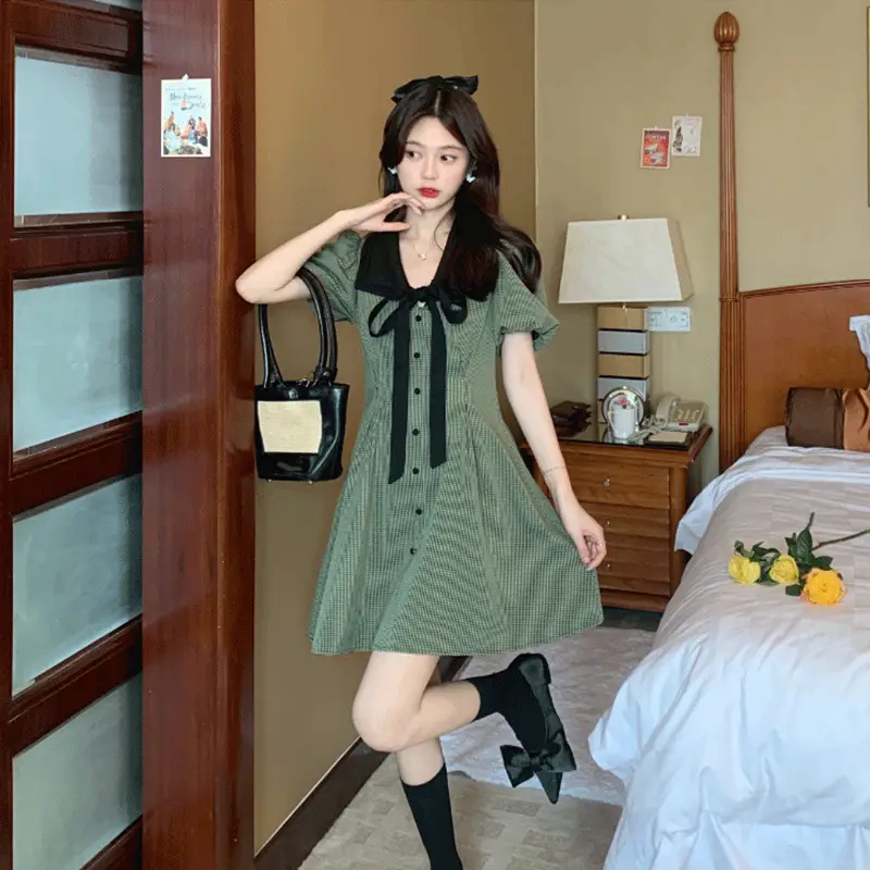 Retro Green Plaid Skirt Dress for Women Summer — feature 16
