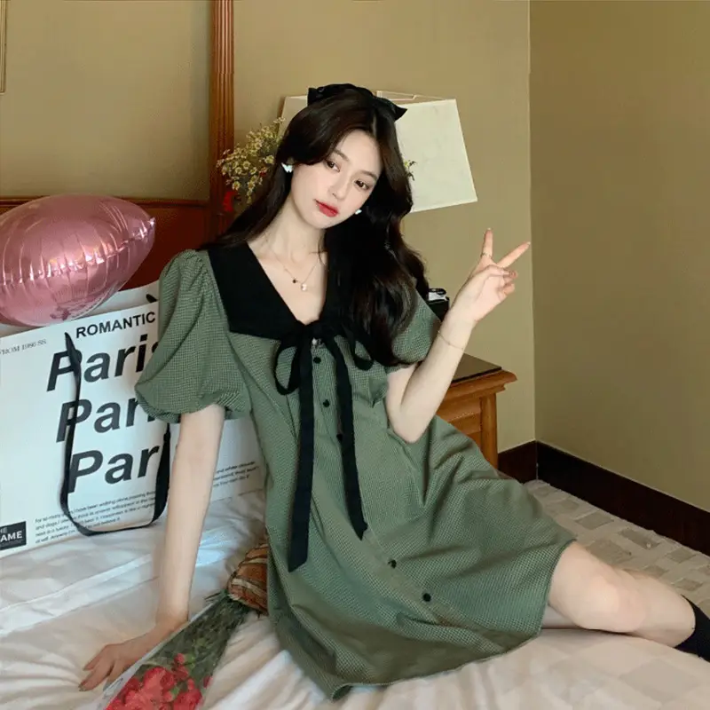 Retro Green Plaid Skirt Dress for Women Summer — feature 17