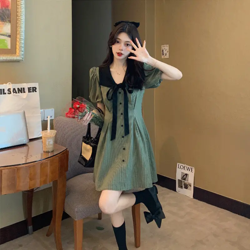 Retro Green Plaid Skirt Dress for Women Summer — feature 18
