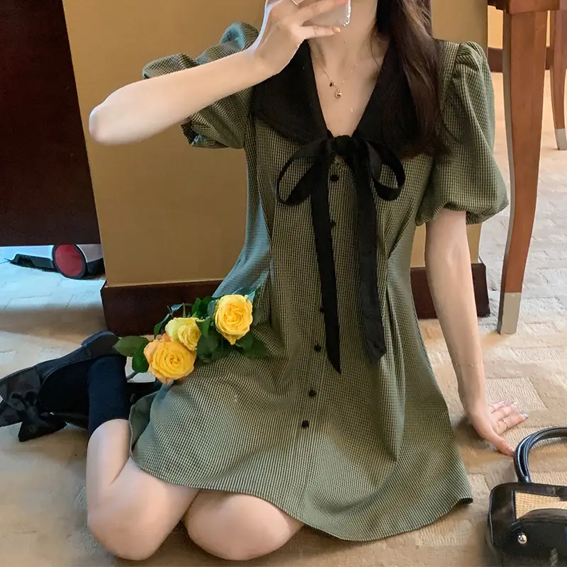 Retro Green Plaid Skirt Dress for Women Summer — feature 4
