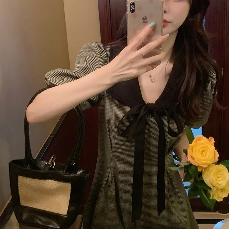 Retro Green Plaid Skirt Dress for Women Summer — feature 5