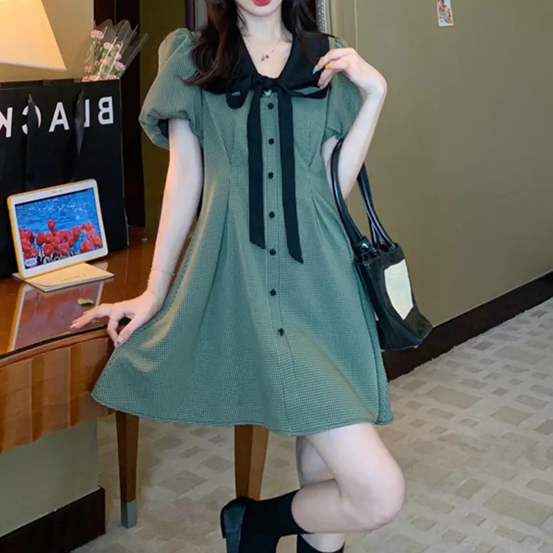 Retro Green Plaid Skirt Dress for Women Summer — feature 6