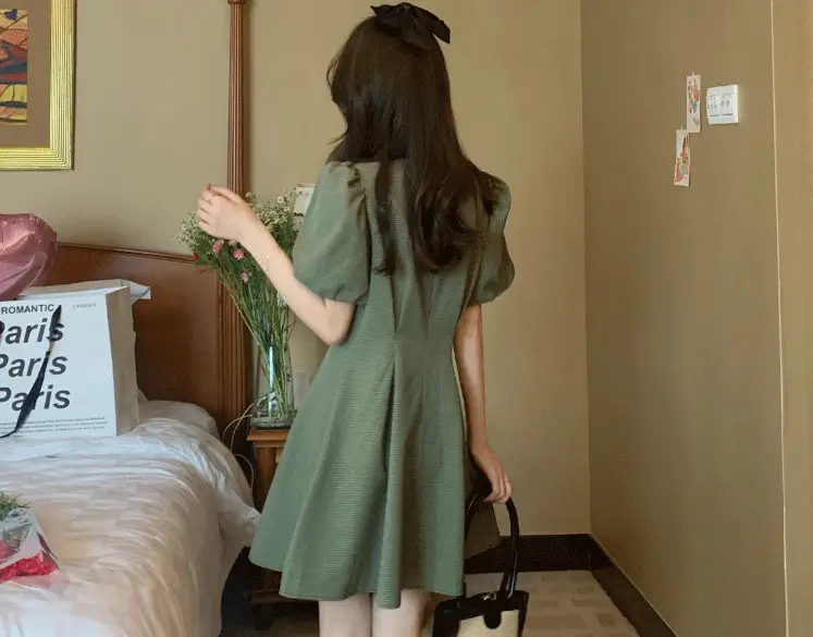 Retro Green Plaid Skirt Dress for Women Summer — feature 7