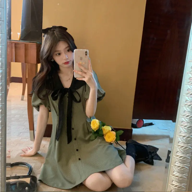 Retro Green Plaid Skirt Dress for Women Summer — feature 8