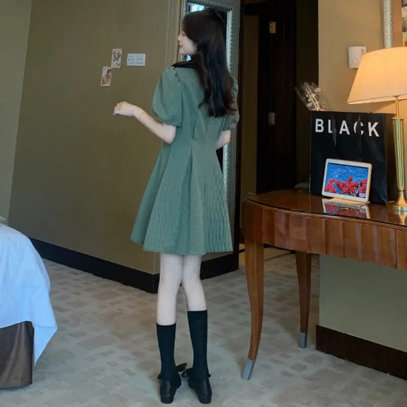 Retro Green Plaid Skirt Dress for Women Summer — feature 9
