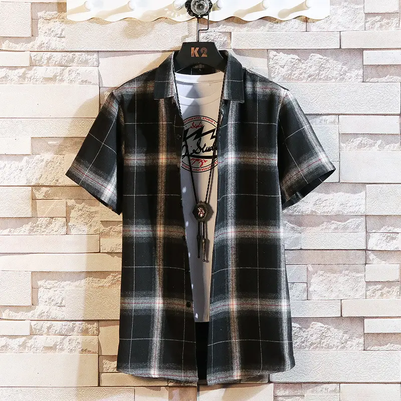 2023 Men's Black Plaid Short Sleeve Shirt - Image 2