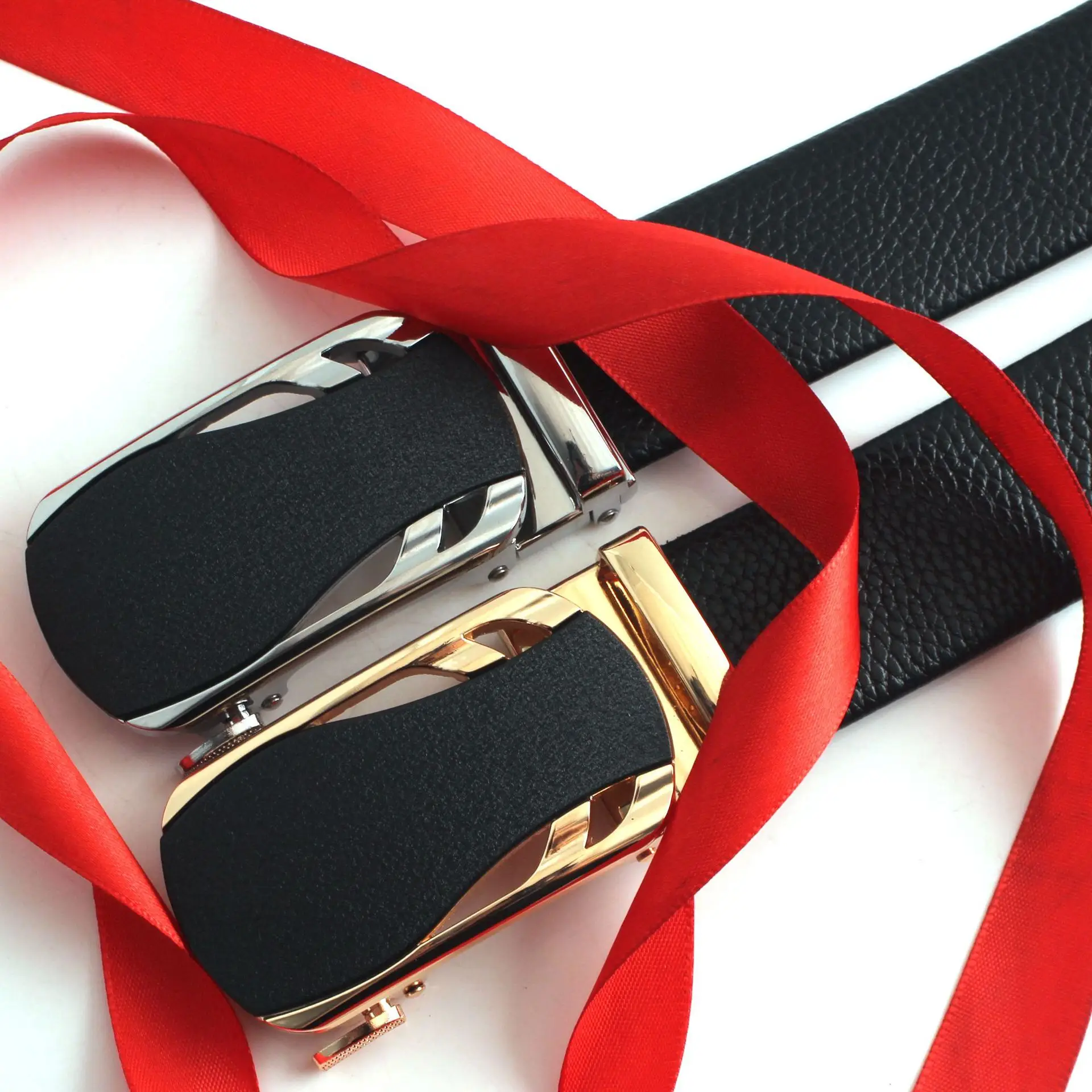 Men's Black Leather Belt with Gold Buckle — feature 7