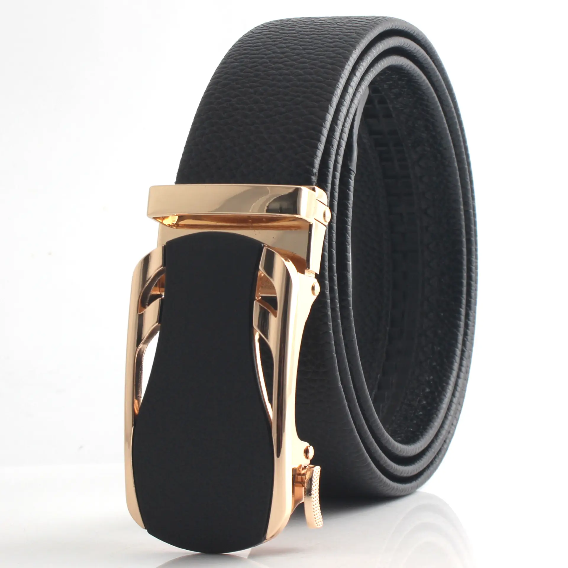 Men's Black Leather Belt with Gold Buckle