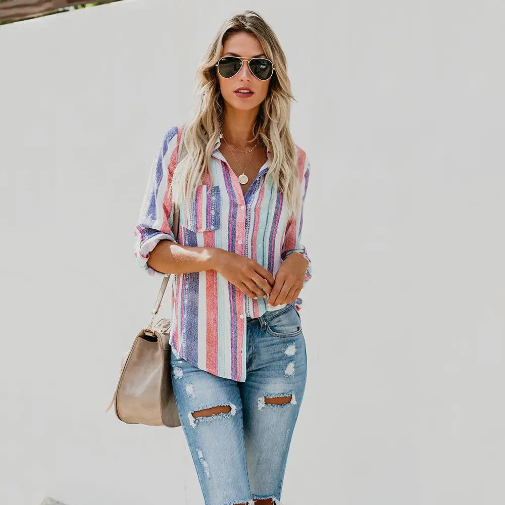 Color Striped Large Size Shirt for Women — feature 5