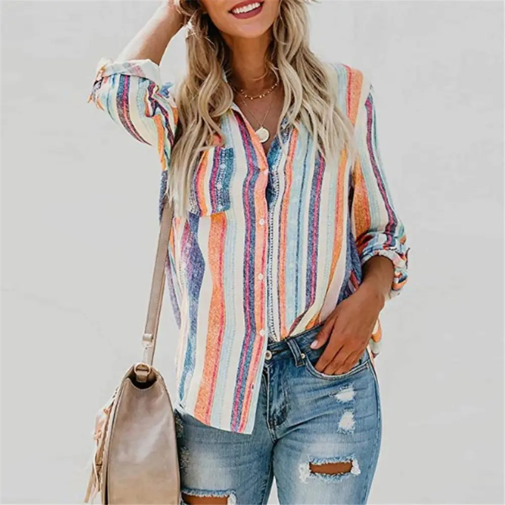 Color Striped Large Size Shirt for Women — feature 7