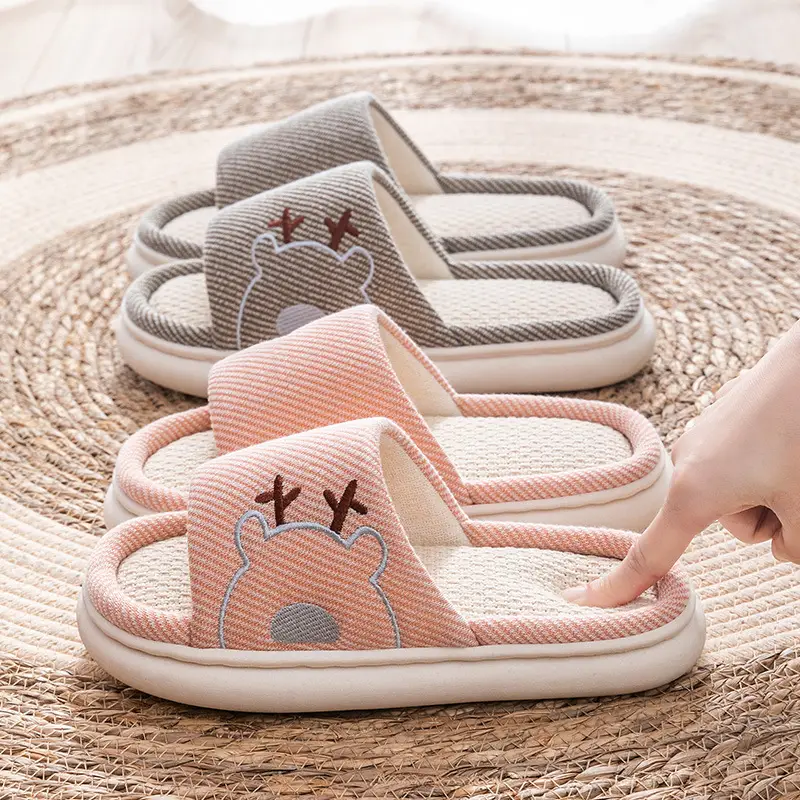 Linen Slippers Thick Bottom Men's and Women's Four Seasons Household Couple Indoor Non-Slip Silent Cotton Linen Floor Home Sandals
