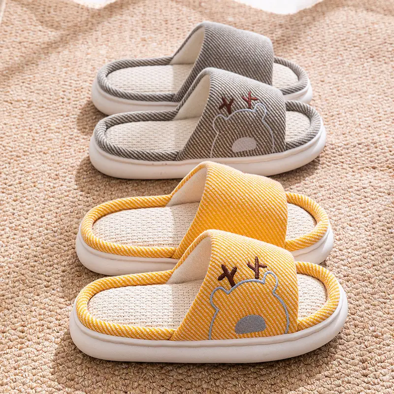 Linen Slippers Thick Bottom Men's and Women's Four Seasons Household Couple Indoor Non-Slip Silent Cotton Linen Floor Home Sandals