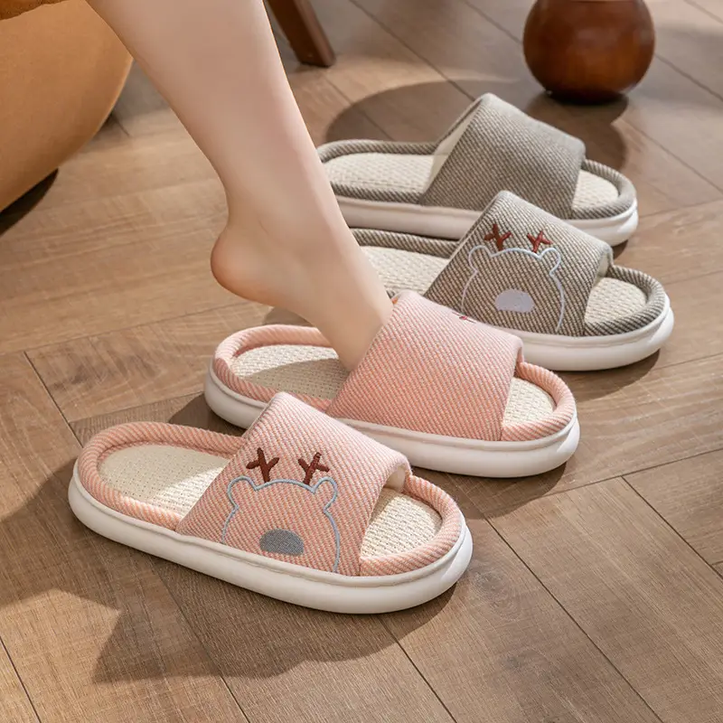 Linen Slippers Thick Bottom Men's and Women's Four Seasons Household Couple Indoor Non-Slip Silent Cotton Linen Floor Home Sandals